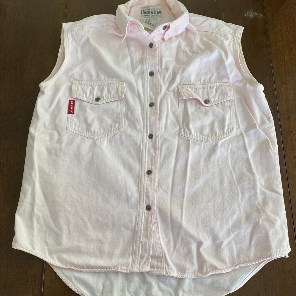 Unionbay Shirt Women's Large Pale Pink Denim Flap Pockets Sleeveless Button-Up